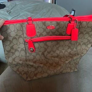 Hot pink and brown signature leather Coach purse